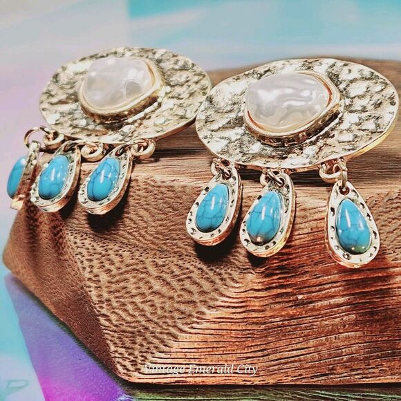 Rainy Cloud Faux Freshwater White Pearl W Blue Turquoise Rain Drops Gold Dangle - Picture 8 of 8